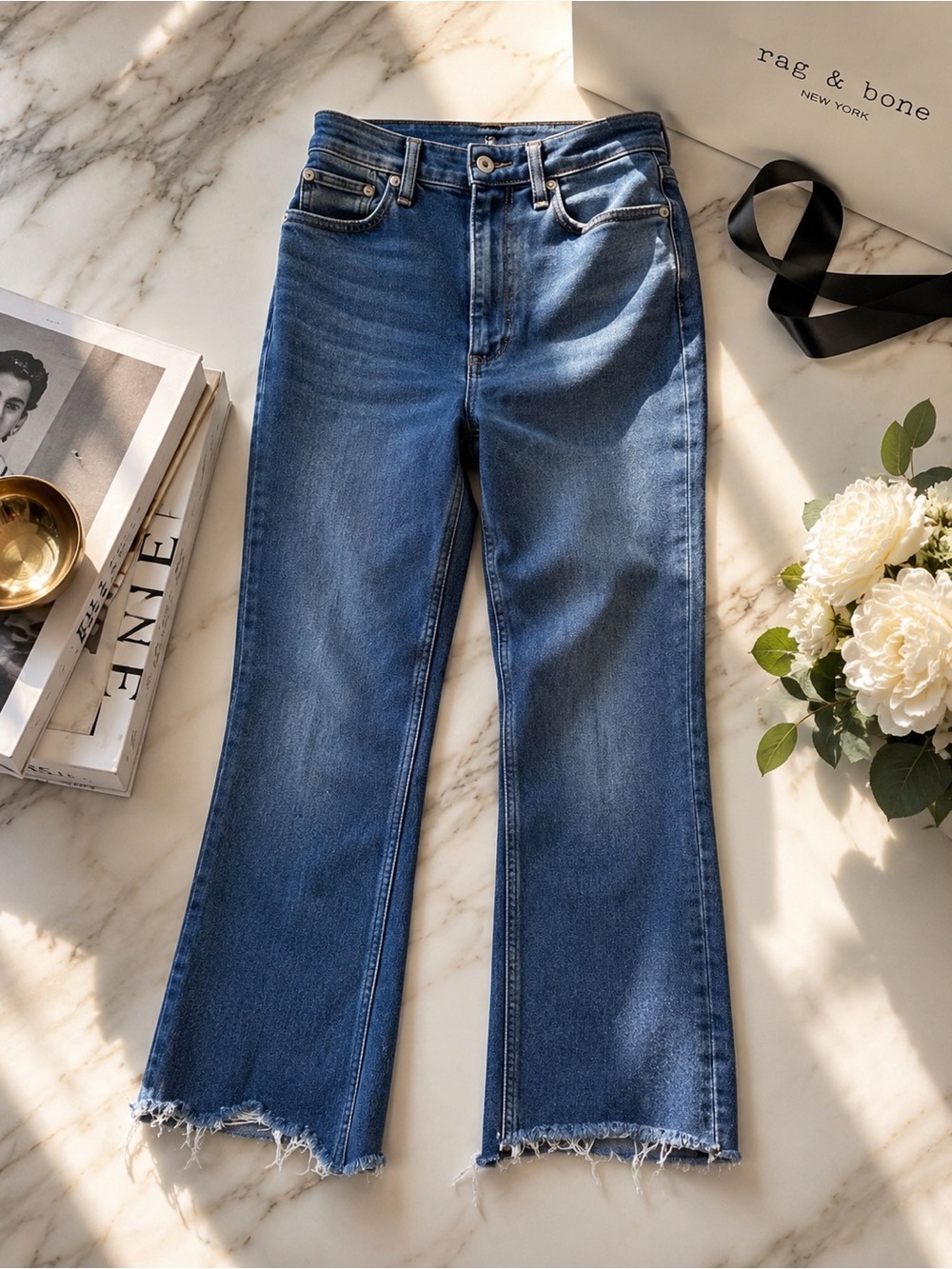Rag & Bone Casey High Rise Ankle Flare Jeans Size 27 Raw Hem Cropped Designer